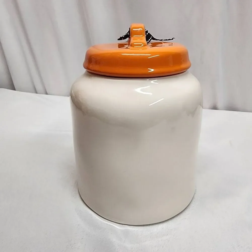 Rae Dunn TRICKS AND TREATS Halloween Canister Orange Lid Ceramic Cookie Treat Ja